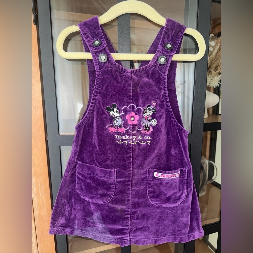 Vintage 90s Mickey & Minnie embroidered dress overalls y2k baby velvet toddler
